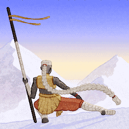 Monk looking at snowy mountains