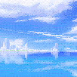 Distant city on a still and reflective sea with large white clouds surrounding it.